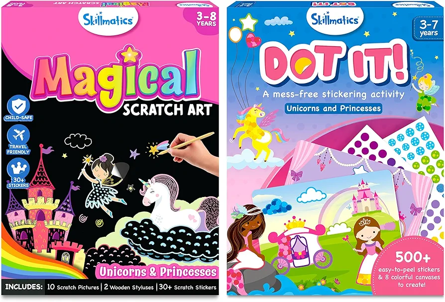 Skillmatics Dot It & Magical Scratch Art Book Unicorns & Princesses Theme Bundle, Art & Craft Kits, DIY Activities for Kids, Gifts for Ages 3 and Up