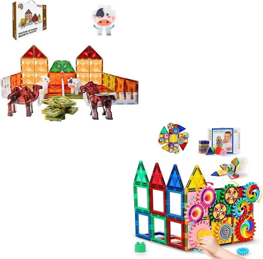 Magnetic Tiles Farm Theme and Gear Construction, Magnet Building Blocks Toys for Kids,Toddler 1-3,3-5,4-8, STEM Preschool Learning Sensory Toys