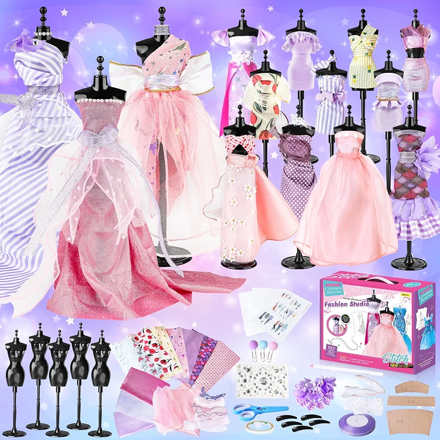 deAO 600+ Pcs Fashion Design Kit for Girls with 5 Mannequins Creativity DIY Arts & Crafts Toys Doll Clothes Sewing Kit Kids Learning Toys Girl's Craft Activities Kid Art Project Toys Age 6-12