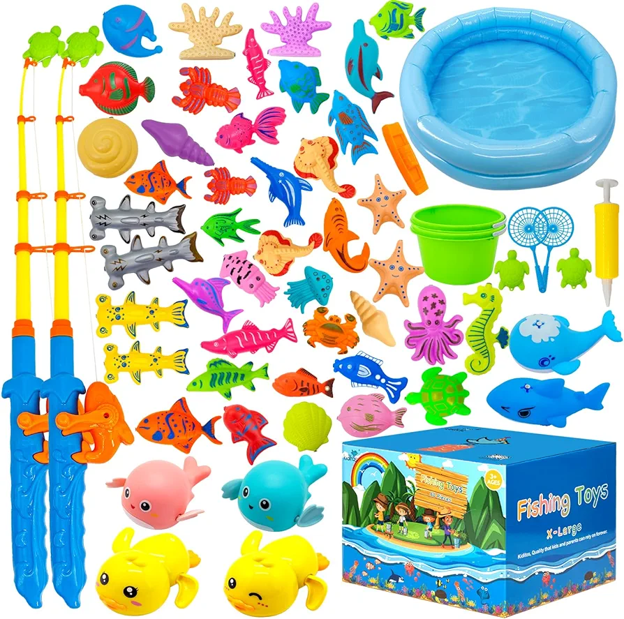 60PCS Magnetic Fishing Bath Toys Game Set,Swimming Fish Toys for Bathtub,Water Table Bathtub Toys for Toddlers Kids Age 3-6, Pool toys for Pretend Play&Education Teaching&Learning Colors