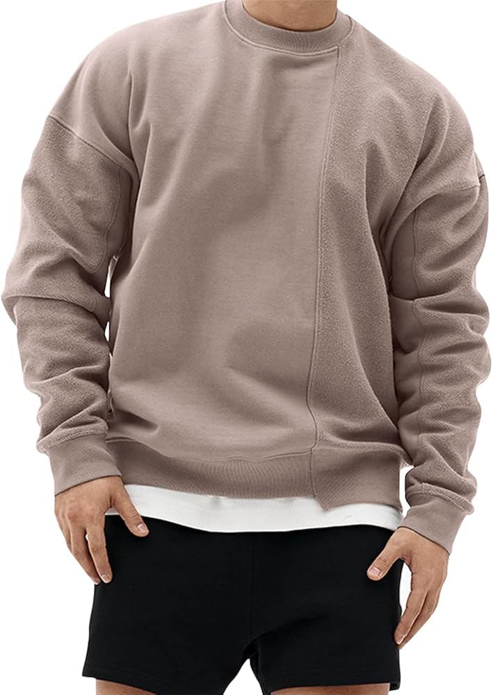 Surenow Mens Patchwork Crewneck Sweatshirt Long-Sleeve Lightweight Terry Sweatshirt Casual Workout Pullover Shirt Tops