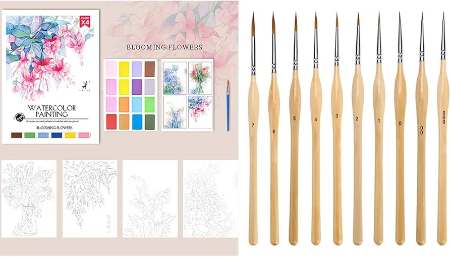 RGBMIX 8x11'' Watercolor Coloring Paper, 10pcs Wood Detail Paint Brushes Set