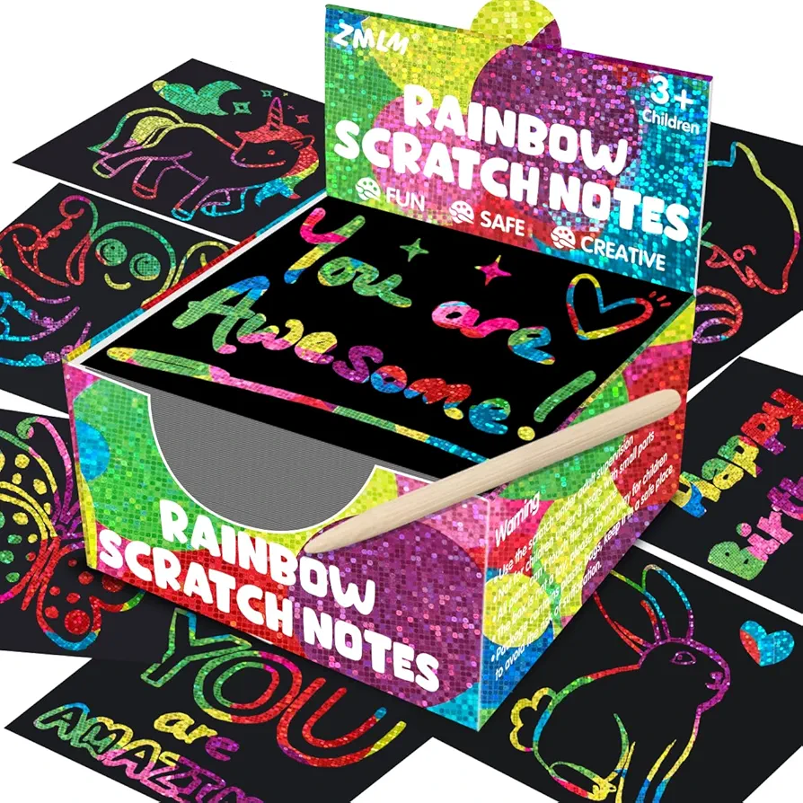 ZMLM Girls Birthday Gift for Art-Craft Kit: Rainbow Scratch Paper Magic Art Note DIY Party Craft Project Supply Toddler Drawing Activity Kid Travel Toy 3-12 Year Old Halloween Holiday Christmas Gift