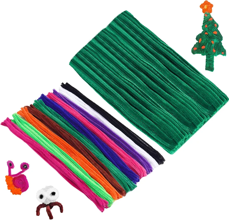 Cuttte Pipe Cleaners Craft Supplies - 100pcs Dark Green Pipe Cleaners Craft and 100pcs 10 Colors Pipe Cleaners, Craft Kids DIY Art Supplies, Pipe Cleaner Chenille Stems