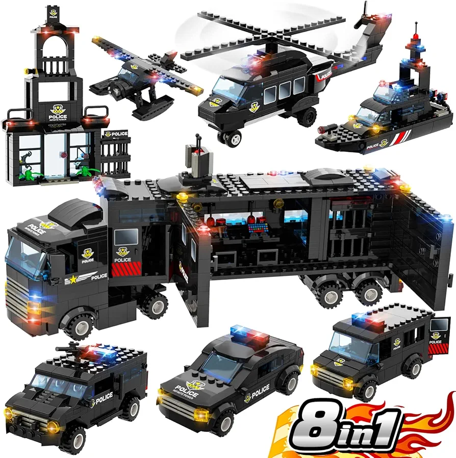 WishaLife 8 IN 1 City Police SWAT Mobile Command Center Truck Toy Building Set, with Police Station Toy, Police Car Toy, Helicopter Toy, Boat Toy, Fun Police Toys Gift for Kids, Boys, Girls Age 6 Plus