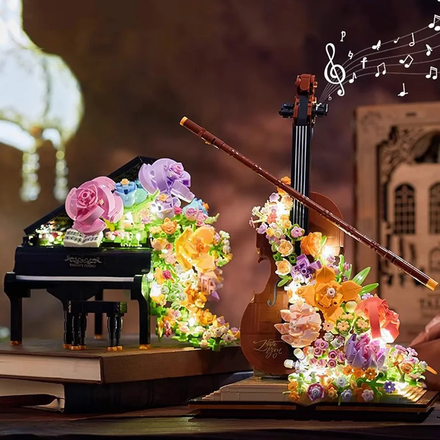 PAN TASY Flowers Violin Mini Building Blocks Set for Adults, and Mini Building Blocks Piano Flowers Set