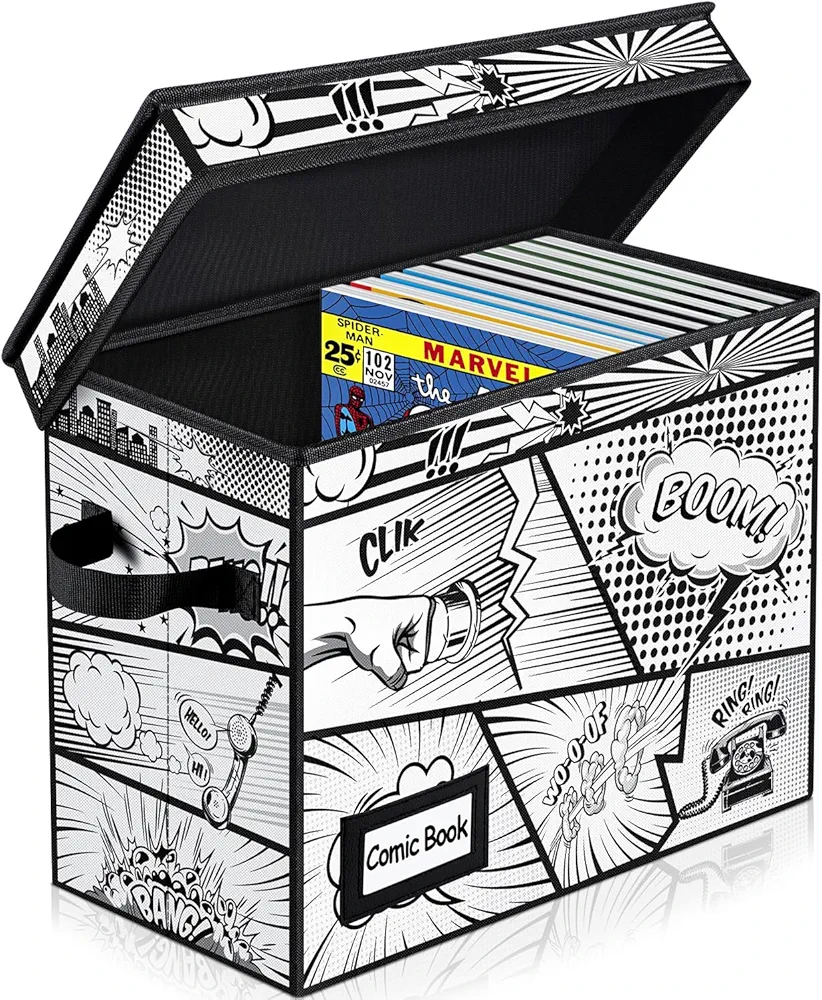 REDSHELL Comic Book Storage Box with Attached Lid, Collapsible Fabric Storage Bins with Handles 15" X 7.8" X 11.4", Toy Storage Bins with Lable Slot - Comic Book Bags and Boards with Pattern(1 Pack)