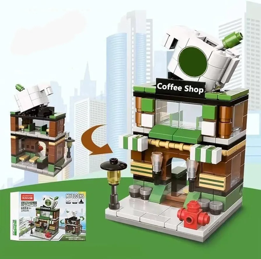 Building Blocks City Street View Building Toy 3D Toy Blocks DIY Bricks Toys Building Set Coffee Shop, Birthday Compatible with Lego Blocks Building Set 208PCS