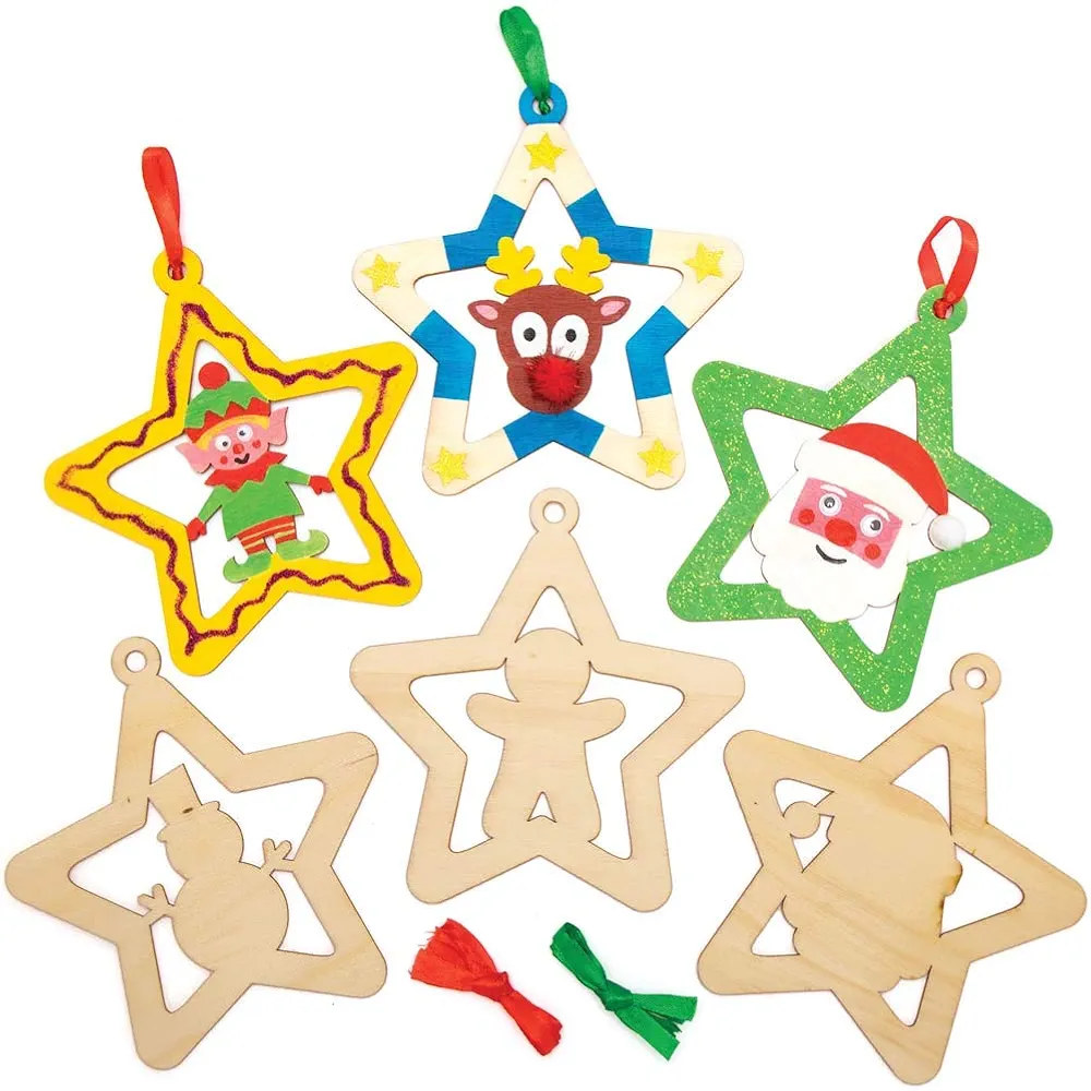 Baker Ross AX415 Star Wooden Ornament Kit - Pack of 10, Christmas Tree Ornaments for Creative Art and Craft Activities to Paint and Decorate