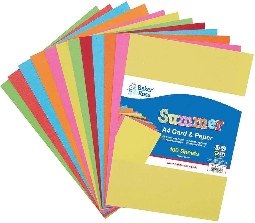 Baker Ross FC875 Summer A4 Card and Paper Pack - Pack of 100 Sheets, Kids Crafts, Arts and Crafts for Kids, School Supplies