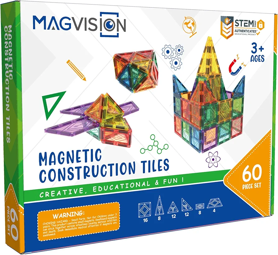 60-Piece Magnetic Building Tiles Set, Stem Magnetic Building Blocks, Extra Strong and Safe Magnets, Stem Toys, Magnetic Blocks, Educational Toys for Children Ages 3+ Years