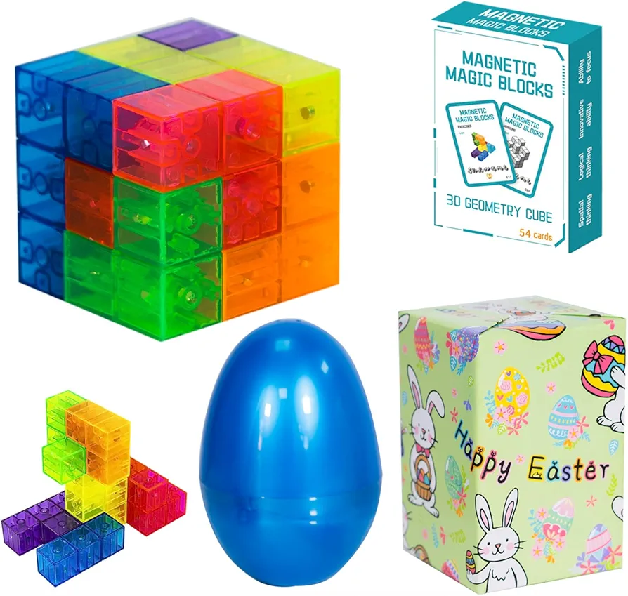 Easter Eggs Magnetic Building Blocks Magic Magnetic 3D Puzzle Cubes, Set of 7 Multi Shapes Magnetic Blocks with 54 Guide Cards