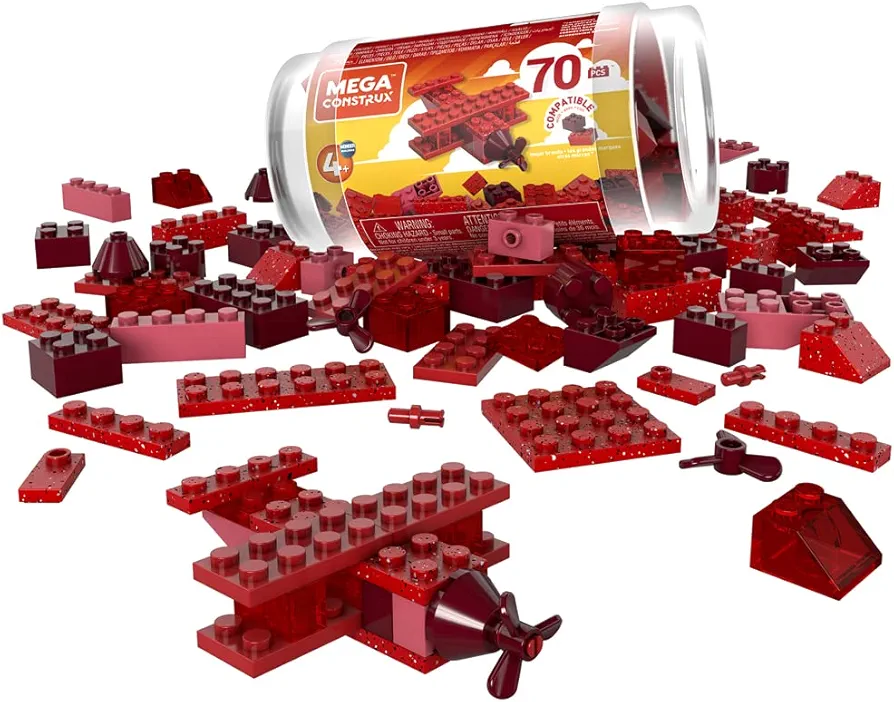 Mega Construx Wonder Builders Tubes of Color Blocks - 70 Blocks of Different Shapes, Sizes and Shades of Red ~ Compatible with Major Brands ~ Ages 4 and Up