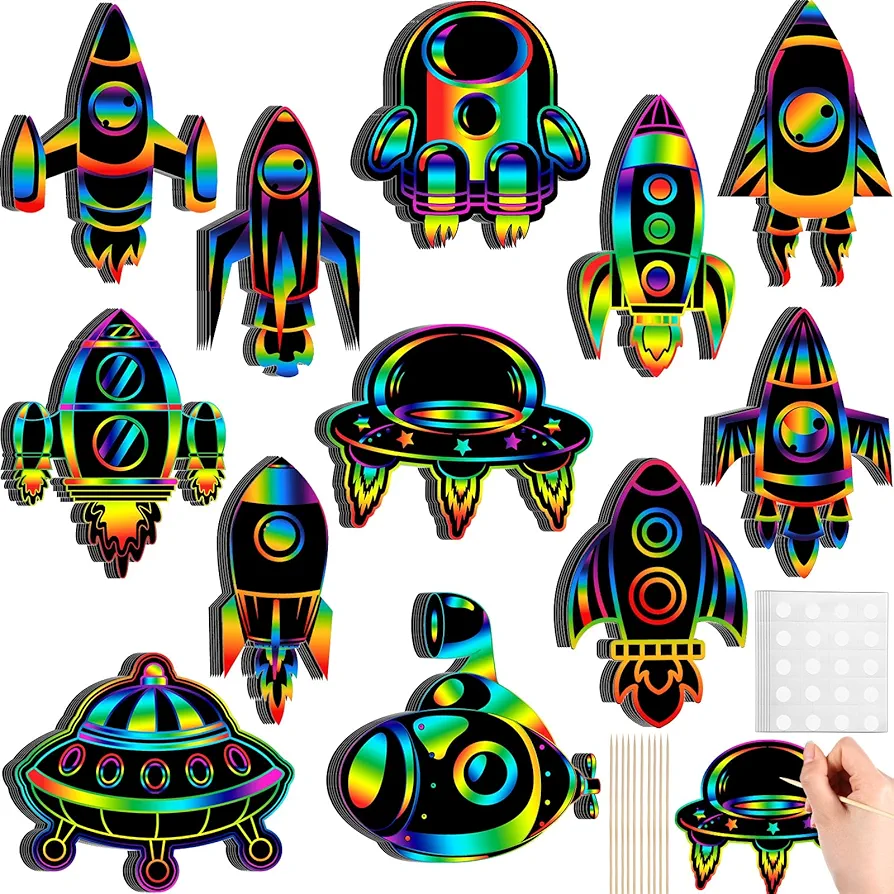 72 Pcs Rocket Scratch Cards for Kids, Space Crafts Outer Space Scratch Paper Space Party Favors Rainbow Rocket Scratch Card with Wooden Stick and Ribbon for DIY Project Home Classroom