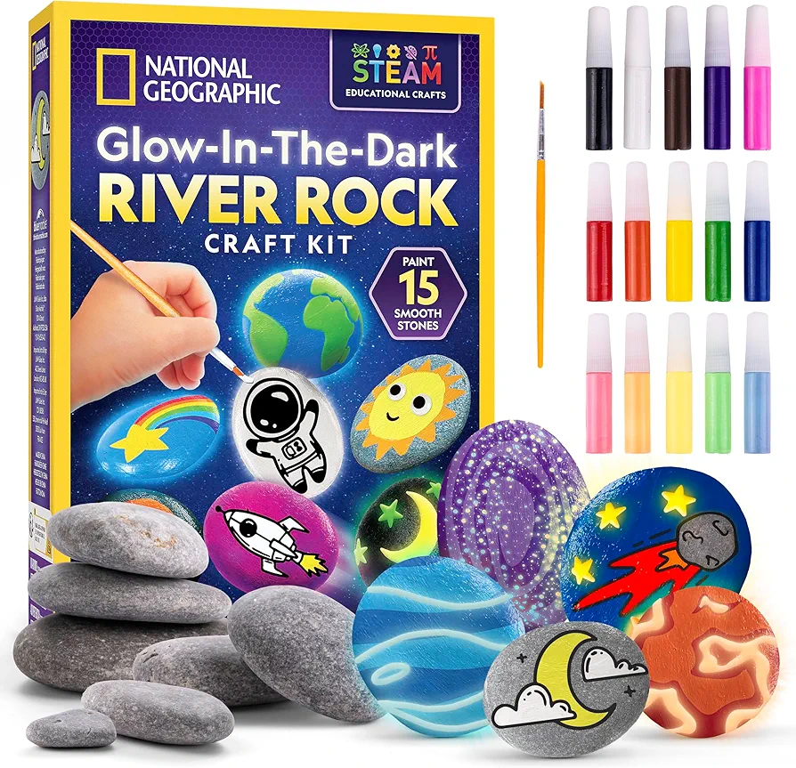 NATIONAL GEOGRAPHIC Glow in The Dark Rock Painting Kit - Crafts for Kids, Decorate 15 River Rocks with 15 Paint Colors & Art Supplies