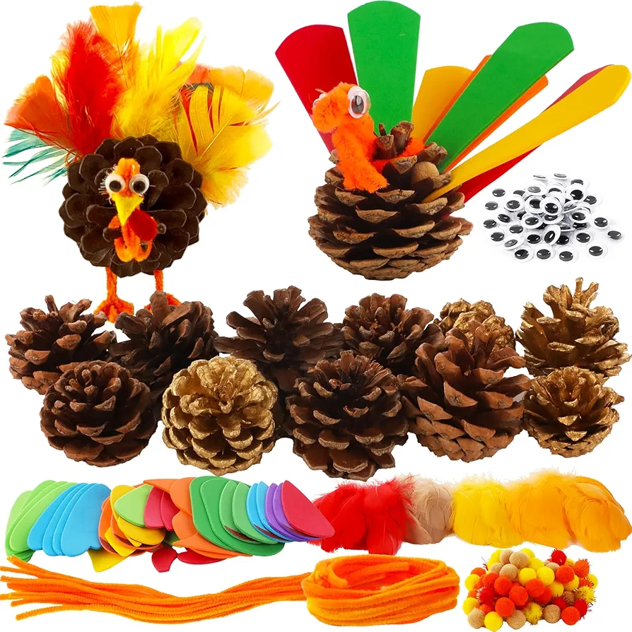 Qyeahkj Thanksgiving Pinecone Trukey Craft Kit for Kids (Makes 16), Fall Crafts for Kids Teens Adults Thankful Dinner Party Activity Supplies, Classroom Project, Table Centerpiece Decorations