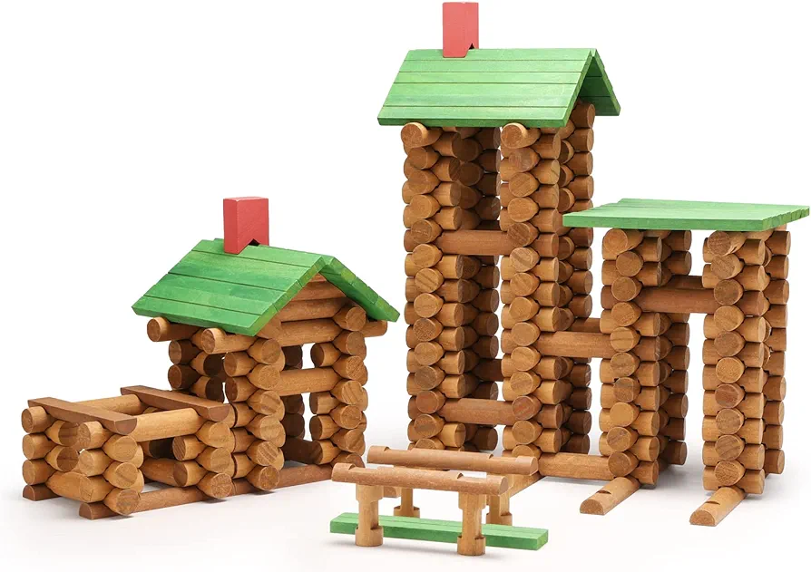 SainSmart Jr. 300 PCS Wooden Log Cabin Set Building House Toy for Toddlers, Classical STEM Construction Kit Compatible with Lincoln Logs for 3+ Kids