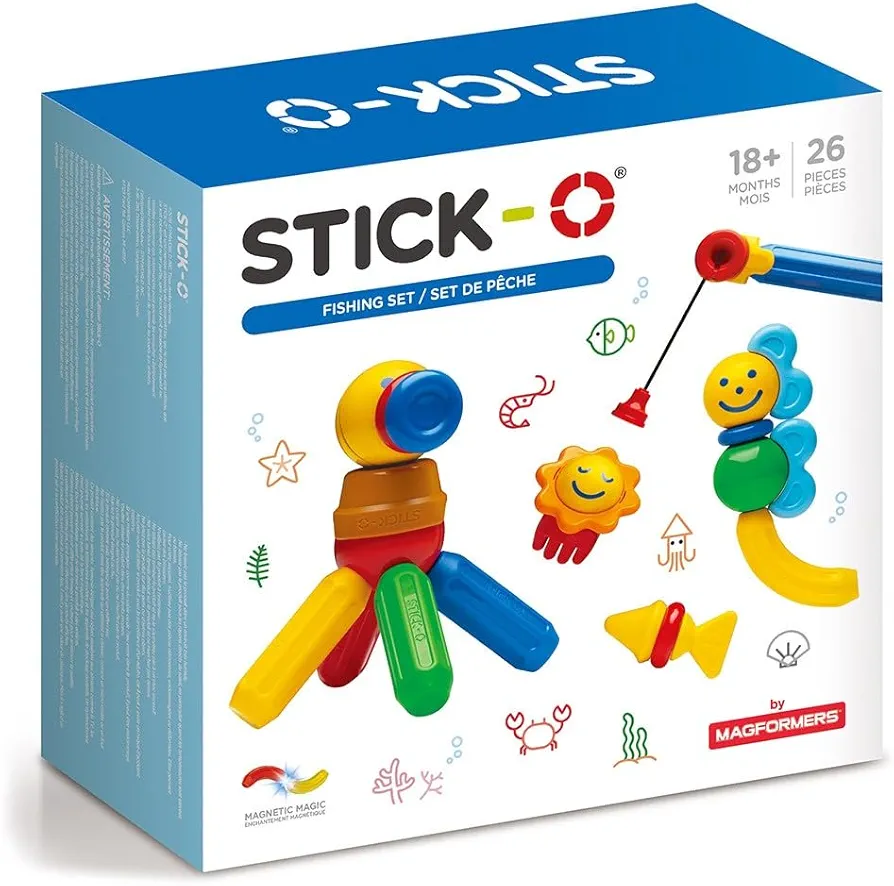 STICK O Fishing 26 Piece Magnetic Building Set, Rainbow Colors, Educational STEM Construction Toy Ages 18M+