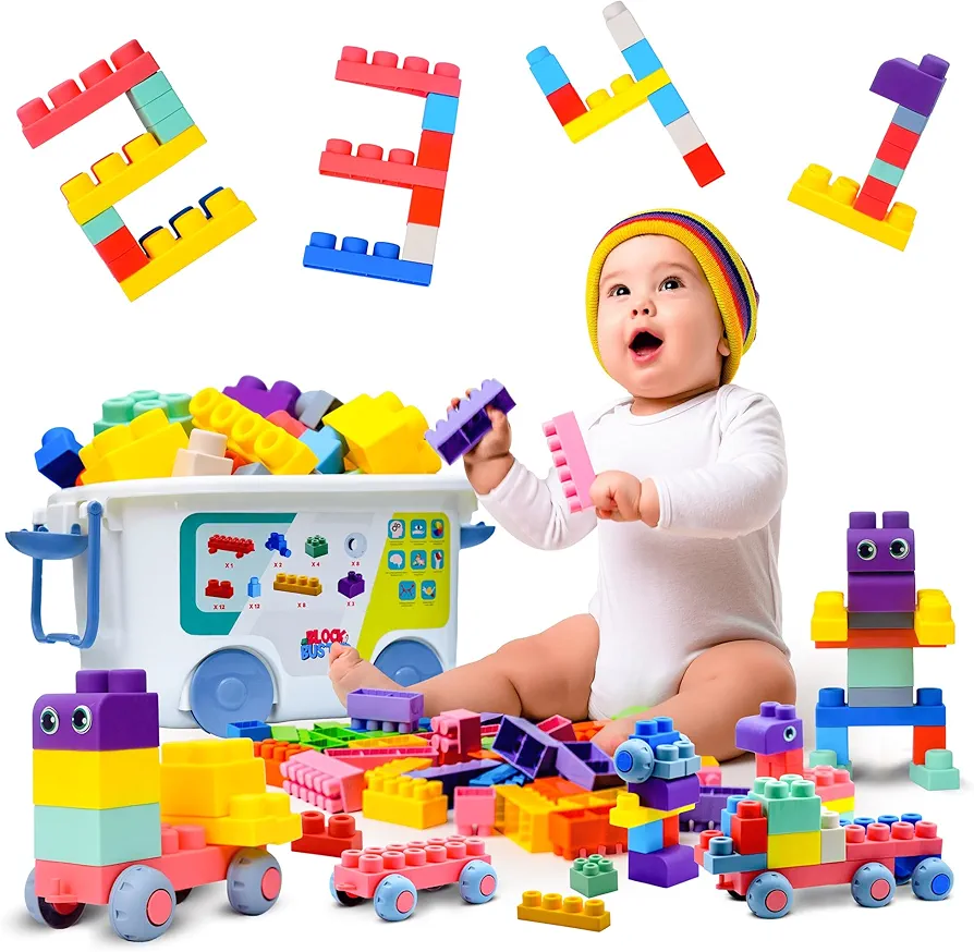 TOP Grade 50 PC Colorful Creative Building Blocks for Toddlers 1-3 -Kids Preschool Toys with Toy Storage Box-Soft Plastic Block Learning Toys-STEM Blocks for Babies-Prime Toddler Toys for Boys Girls