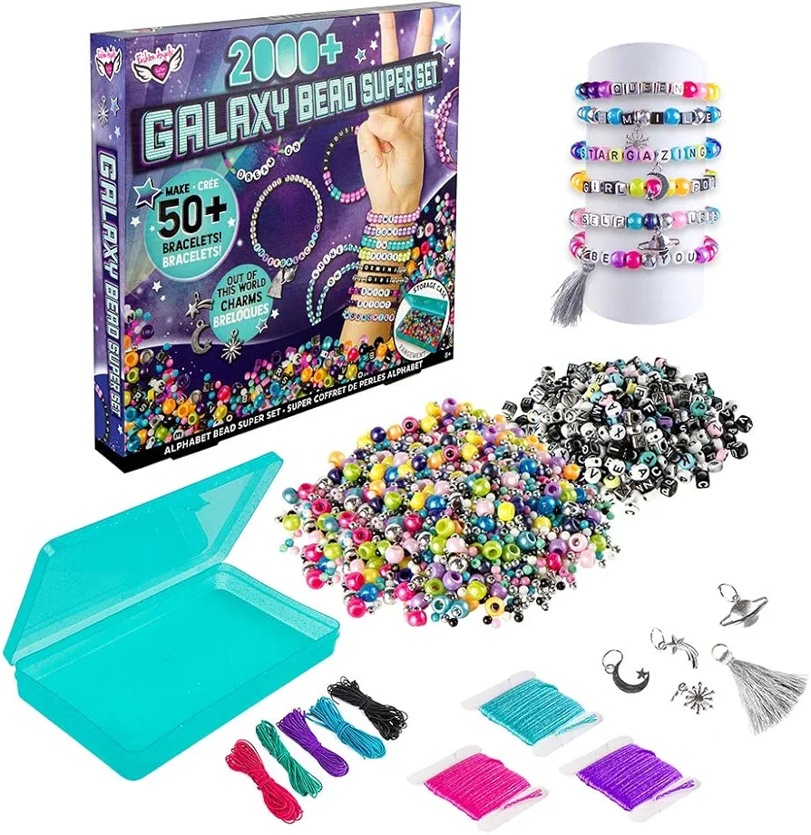 Fashion Angels Galaxy Bead Super Set (12679), 2,000+ Beads with Keeper Case, Makes 50+ Bracelets, Alphabet Charms, Pearlescent & Metallic Beads, Metal Charms, Includes Inspiration Guide