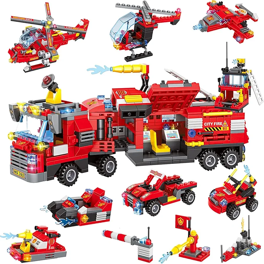 1432 Pieces City Fire Truck , Fire Rescue Helicopter , Fire Rescue Boat Building Blocks Set , 8+1 City Fire Mobile Command Center Truck , Fire Engine Gifts for Kids, Boys and Girls Ages 6-12