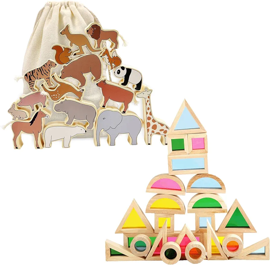 Bundle of Wooden Zoo Animal Blocks Stacking and Balancing Toy and Wooden Building Blocks for Tg Blocks, Large Colored Window Blocksoddlers 1-3, Wooden Rainbow Kids Stackin