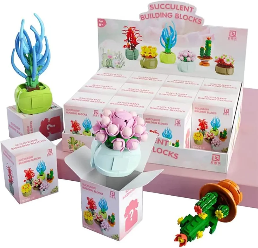 Succulent Plant Series Creative Building Blocks Blind Boxes Small Particles DIY Assembled Toy Collectible 12 Packs Mini Potted Plants Flower Building Blocks Toy Sets Gifts for Kids