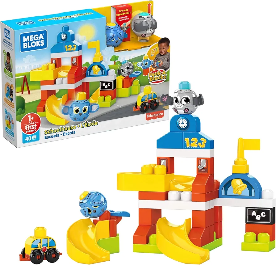 Mega Bloks Peek A Blocks Schoolhouse with Big Building Blocks, Building Toys for Toddlers (42 Pieces)