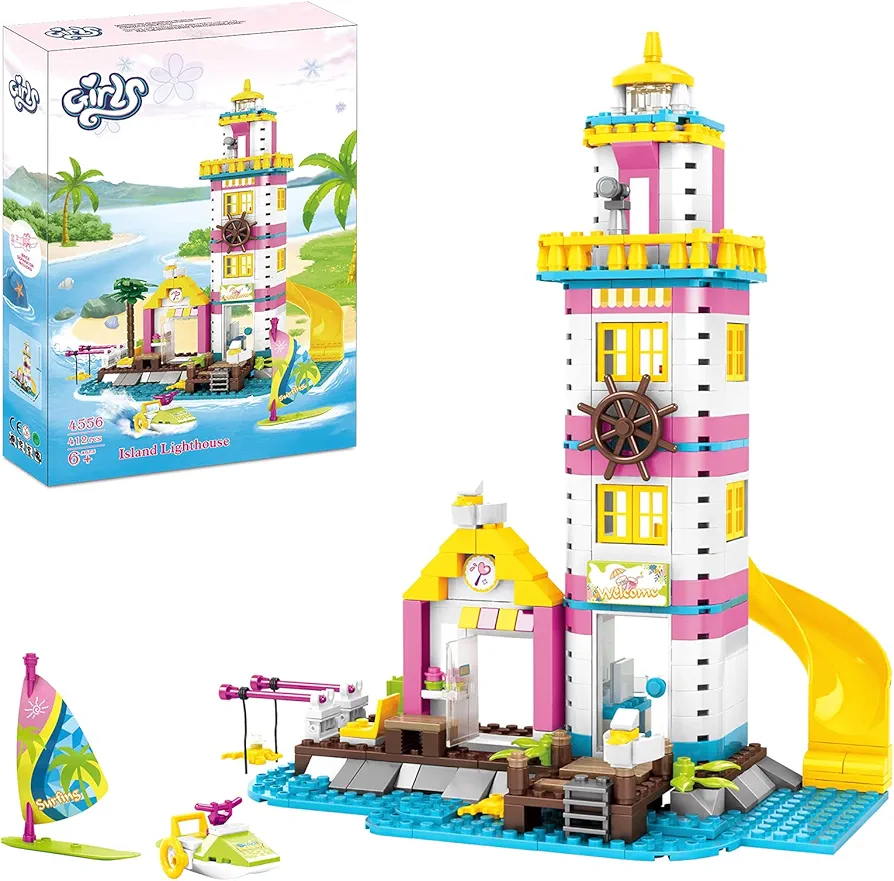 Girls Friends Lighthouse Building Toys, Seaside Villa Building Sets 412 Pieces, Beach Fun with Friends Fishing Surfing, Summer Holiday Island Adventures Play Set Gift for Kids Aged 6-12