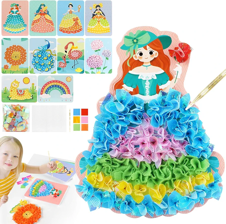 Suteng Arts and Crafts Kits for Kids, Creative Poke Art Fabric Puzzle Puncture Painting for Girls, 10 Sheets DIY Poking Drawing Dress Up Boards, Art Paper Craft Kit Kids Toys Gifts (Dream World)