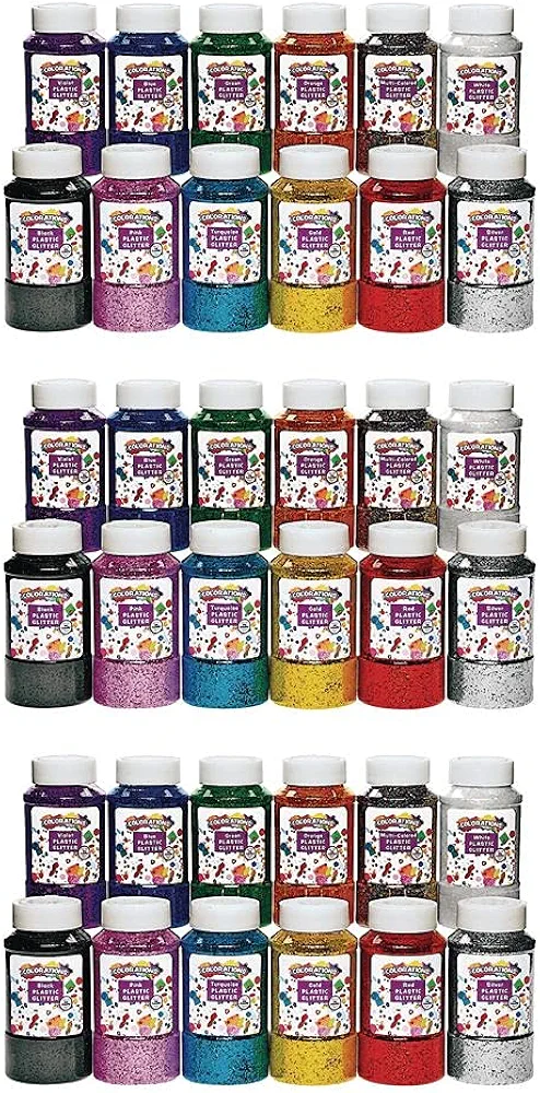 Colorations Extra-Safe Plastic Glitter, Easy Dispensing Shaker Jars, Great for Arts & Crafts, Use for Decorating, Slime, Holiday Party, 12 Colors, Each 3 lb, Non Toxic Glitter & Latex Free Glitter