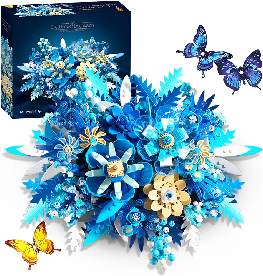 Blue Flowers Building Sets for Adult Kids(917PCS),Botanical Collection Crafts Building Blocks Set Artificial Flowers for Table or Wall Decoration Home Décor,Ideal Gifts for Valentines Day, Birthday