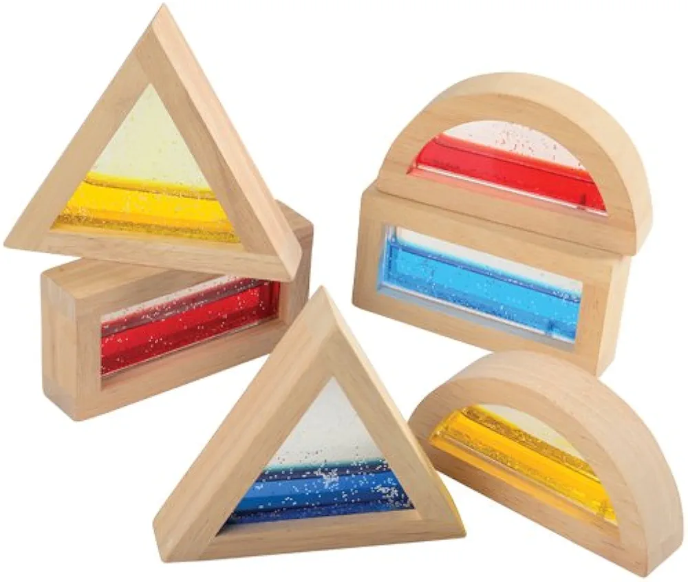 Constructive Playthings Glitter Water Building Blocks, Includes Rectangle, Triangle and Circle Shapes, Hardwood Frame, Toddler Toys for Interactive Play, Set of 6 Blocks, Ages 3 Years & Up