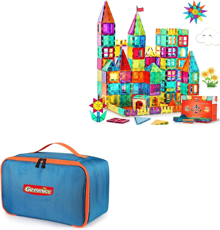 Gemmicc 63PCS Magnetic Tiles Set + Toy Carry Bag