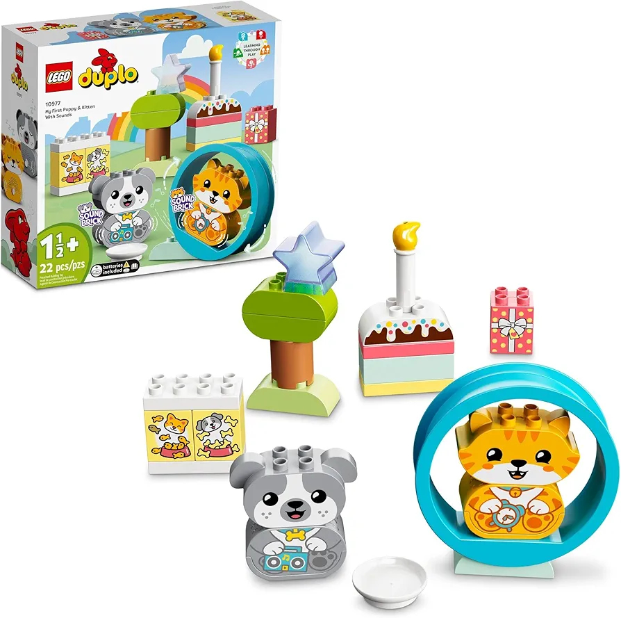 LEGO DUPLO My First Puppy & Kitten with Sounds 10977 Pet Animal Toys for Toddlers 1 .5-3 Years Old, Early Development Set with Large Bricks