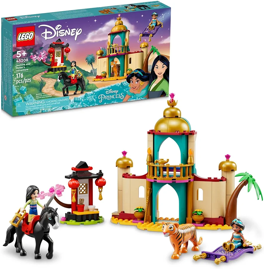 LEGO Disney Princess Jasmine and Mulan Adventure 43208 Palace Set, Aladdin & Mulan Buildable Toy with Horse and Tiger Figures, Gifts for Kids, Girls & Boys