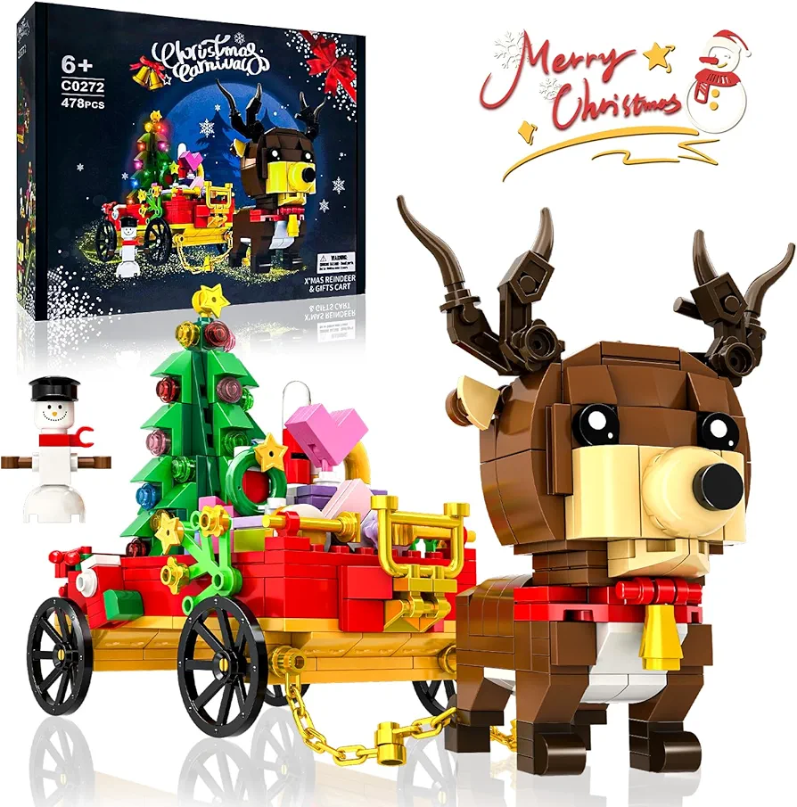 Santa's Christmas Reindeer Building Block Kit, Cart Building Sets Christmas Playset Building Toy Ornaments Ideal Gift for Kids Boys Girls 6-12 Years Old (478 PCS)