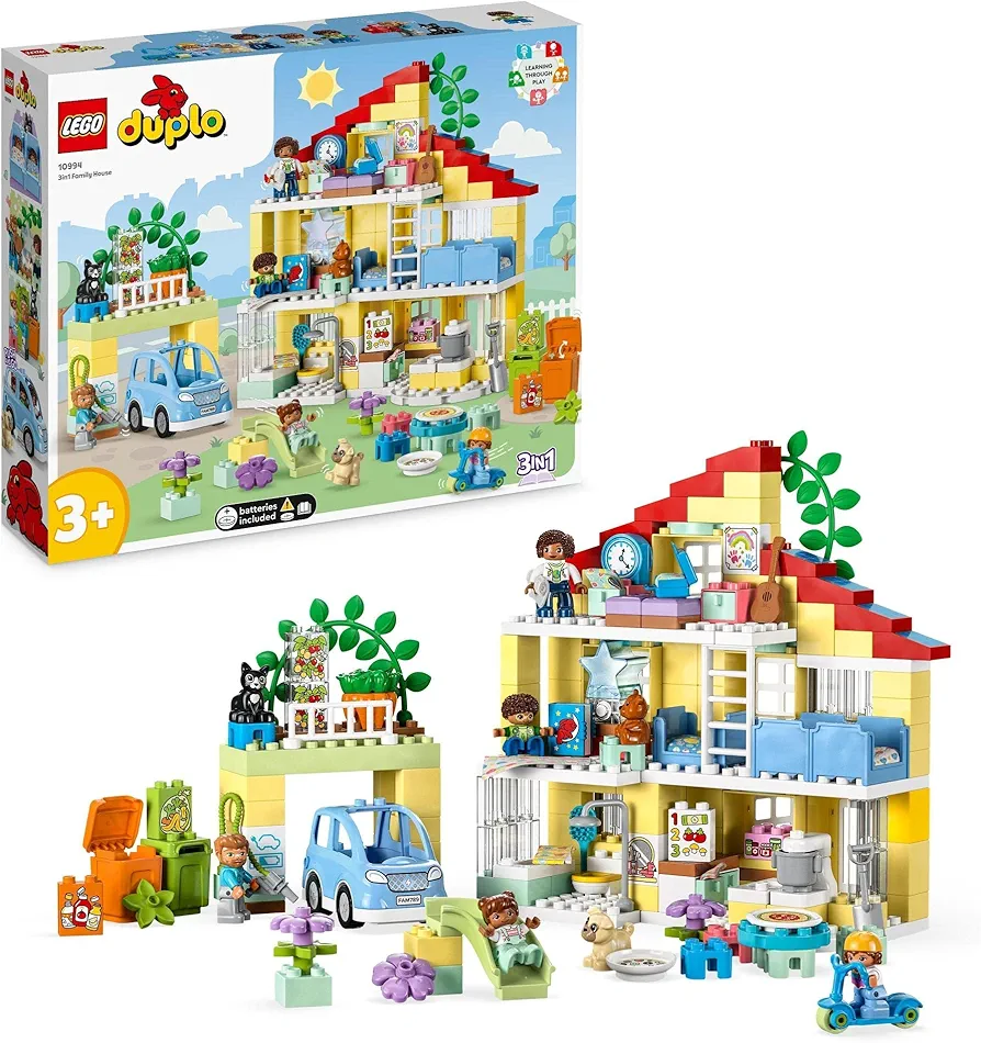 LEGO 10994 DUPLO Town 3in1 Family House Building Set with Dollhouse, Includes Toy Animals, Toy Car and Minifigures, Construction Kit for Toddler with Luminous Light Block, Gift Idea, from 3 Years