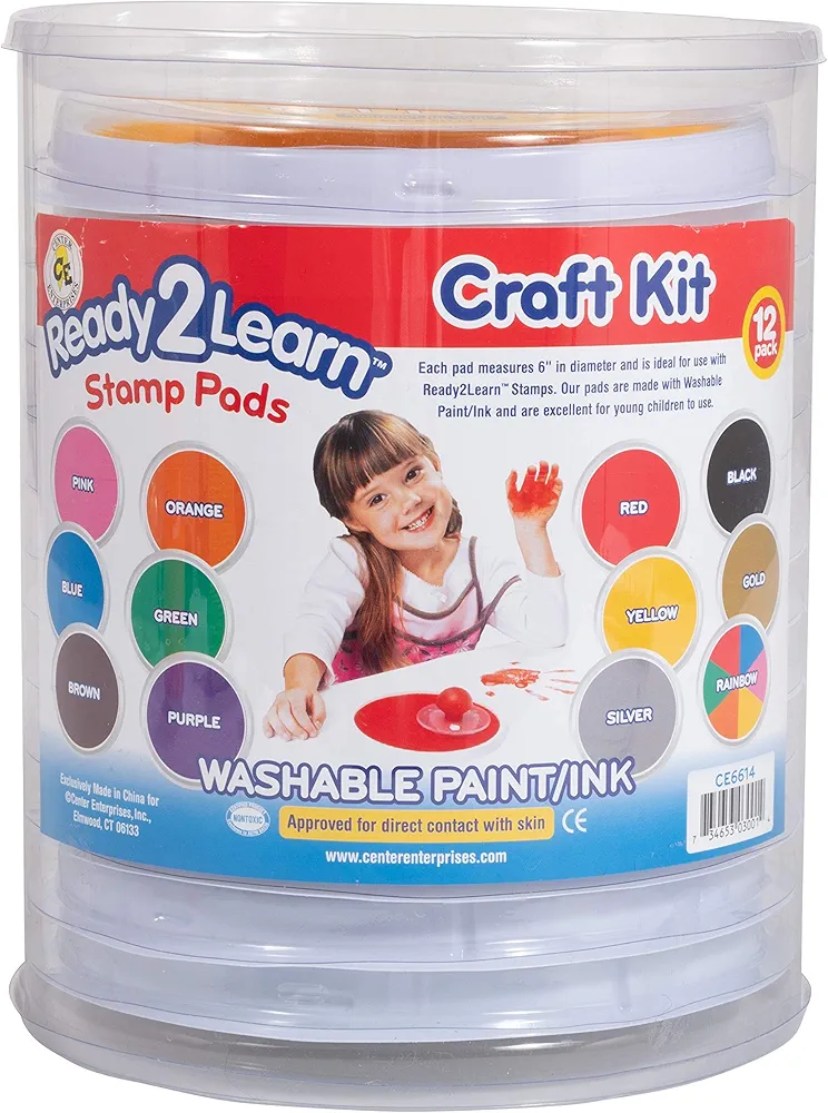 READY 2 LEARN Jumbo Circular Washable Stamp Pads - Craft - Set of 12 Colors - 5.75" dia. - Non-Toxic - Fade Resistant - Ideal Size for Handprints and Footprints