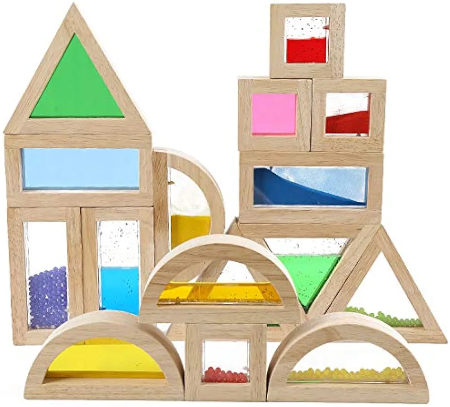 Large Wooden Building Blocks for Toddlers Baby Kids 16 Pcs Rainbow Blocks Geometry Sensory Stacking Construction Toys Set Colorful Preschool Learning Educational Toys for Boys & Girls…