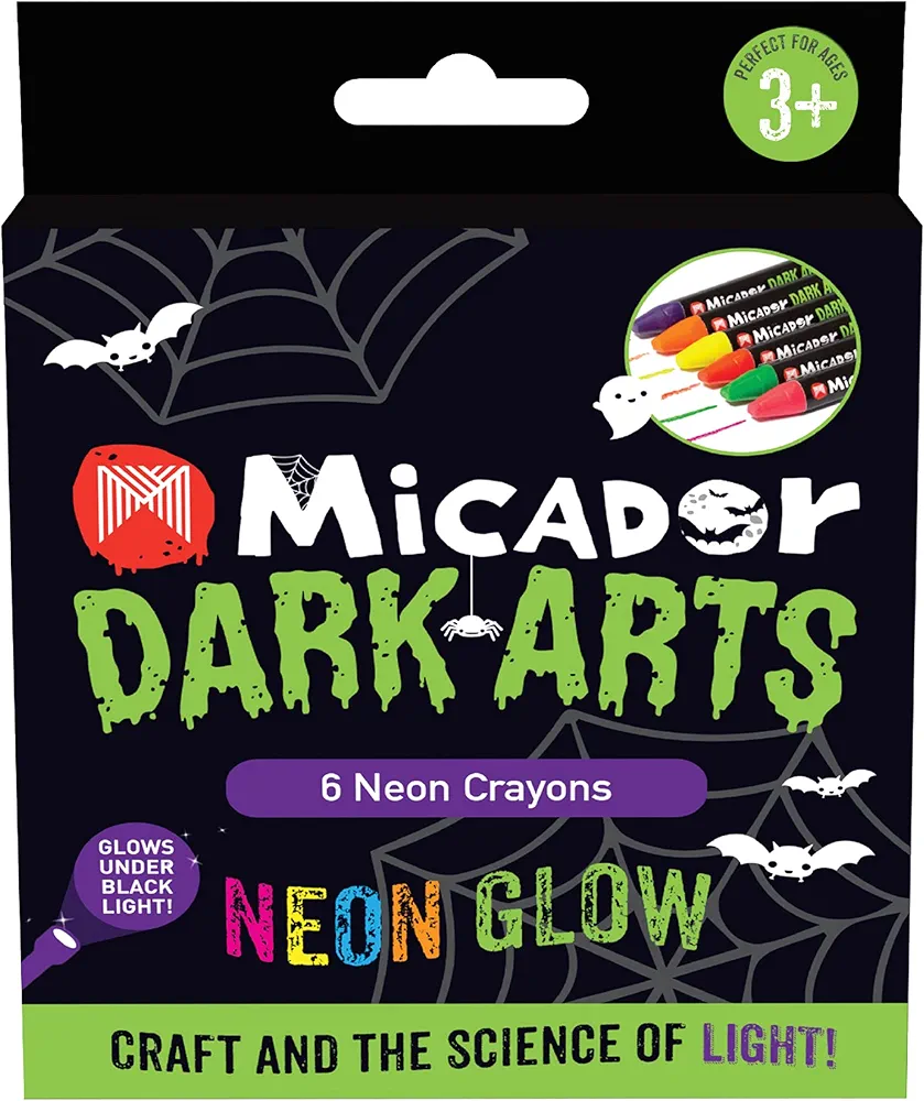 Dark Arts Neon Glow Crayons Pack - 6 Crayons - Triangle grip - Made with beeswax - Neon coloring + drawing - Glows under blacklight - Ages 3+