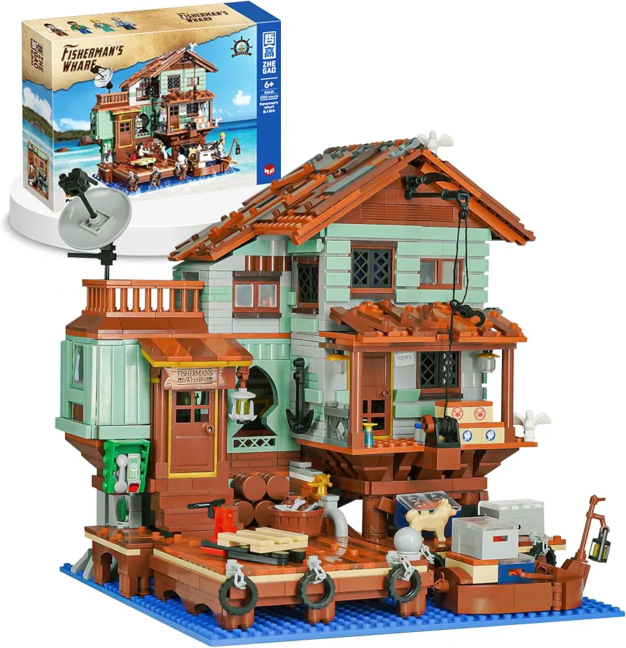 ZHEGAO 00421 Fisherman's Wharf Building Blocks Set, 2023 New Model Toy Building Set, Multi-Storey Wood Frame House for Kids Adult Present (2100 PCS Mini Bricks)