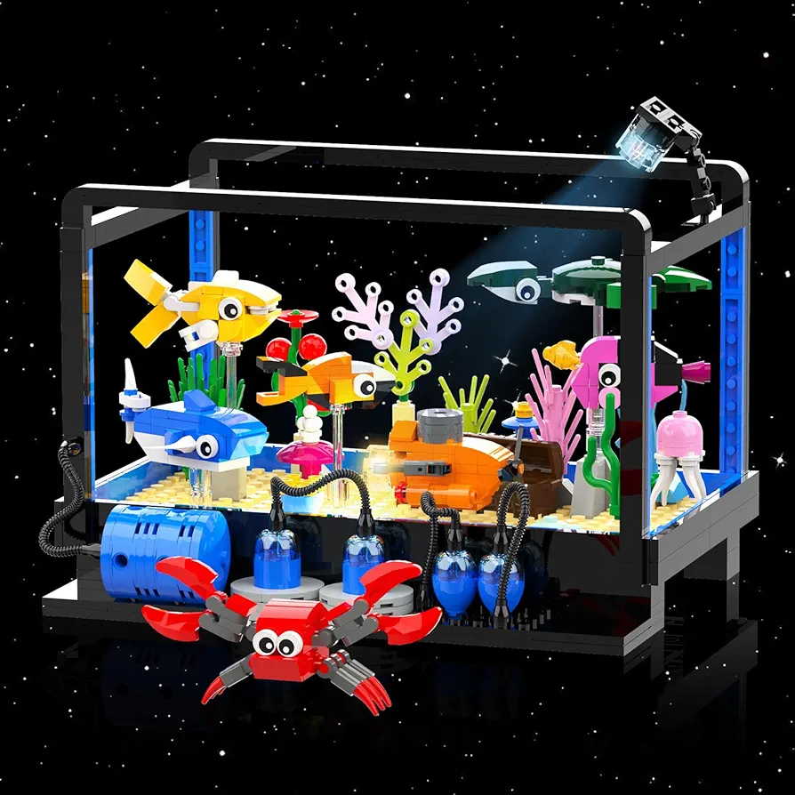 Fish Tank Aquarium Building Sets, Deep Sea Creatures with Shark, Turtle, Crab, Treasure Box, Crownfish, Submarine. Ocean Animal Christmas Toys Gift for Boys Girls Kids Age 6+.