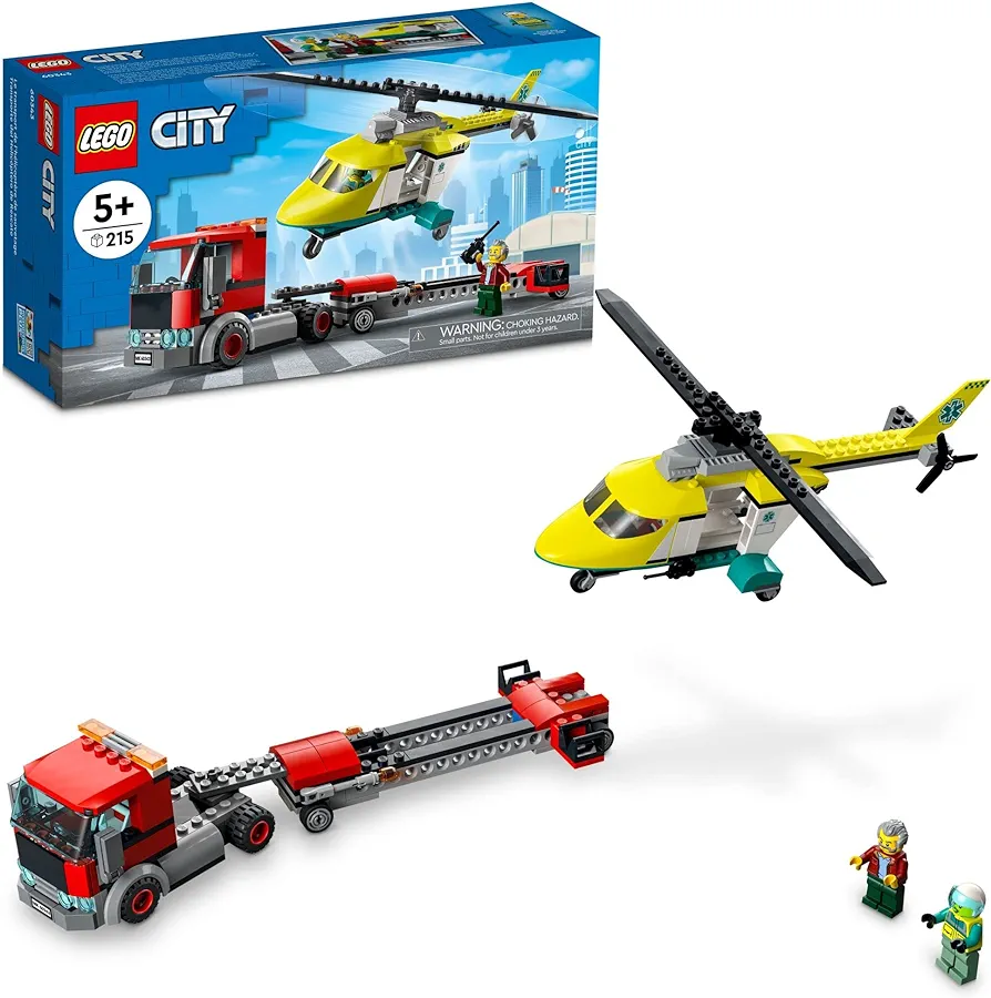 Lego City Great Vehicles Rescue Helicopter Transport Building Kit 60343, with Toy Truck and Toy Helicopter, Pretend Play Toy Vehicle Toys with Minifigures for Kids, Boys and Girls 5 Plus Years Old