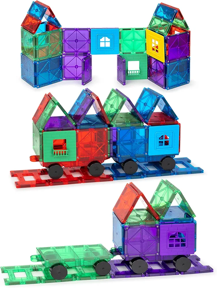 Playmags Magnetic Tiles Train Set, 55 Piece Accessory Set includes 4 Trains, Super Durable Magnet Blocks, STEM Development Kids Building Toys for Boys Girls & Toddlers