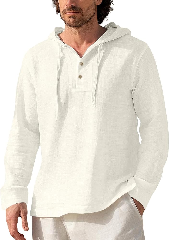 Mens Cotton Linen Hooded Shirt Long Sleeve Lightweight Hoodies Casual Baggy Pullover Sun Protection Beach Shirt