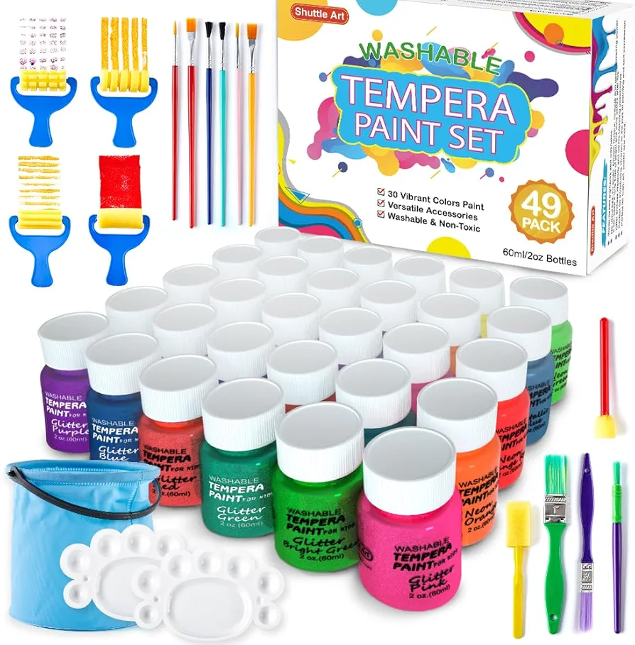 Tempera Paint, Shuttle Art 30 Colors Washable Paint for Kids, 2oz/60ml Bottle, Non-toxic Finger Paints for Toddlers with Glitter Metallic Neon Colors, Kids Paint for Art, Crafts and School Projects