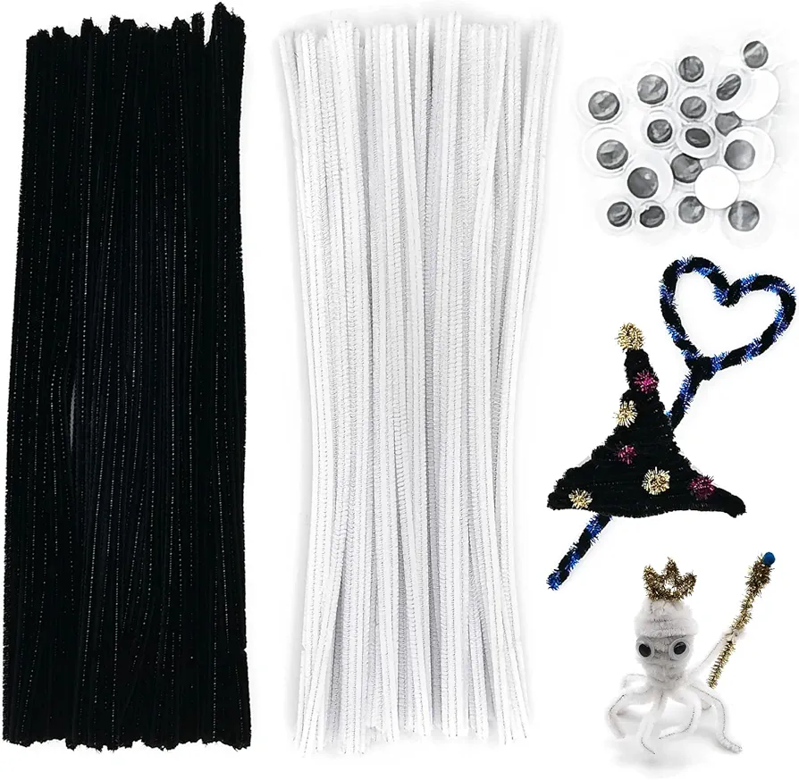 Cldamecy 100 Pcs Black & 100 Pcs White Pipe Cleaners Set with 20 pcs Googly Eyes,Chenille Stems Pipe Cleaners Supplies for DIY Craft Projects and Decorations