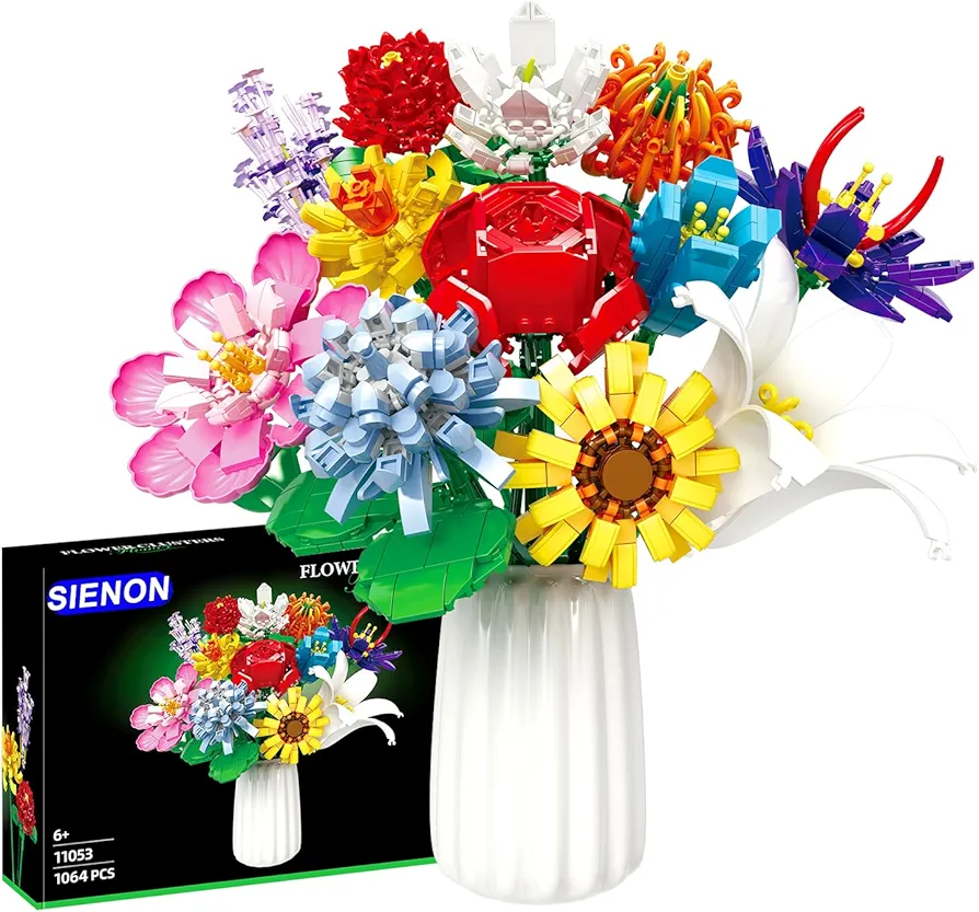 SIENON Flower Bouquet Building Set-1001 PCS 12 Kinds of Flowers Botanical Collection, Building Blocks Flower Brick Toys Creative Project for Home Room Décor Valentines’ Day Christmas Birthday