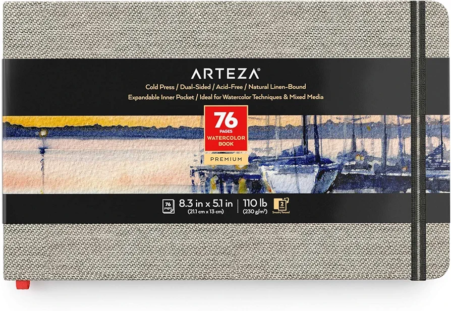 ARTEZA Watercolor Book, 76 Pages, 5.1x8.3 Inch Watercolor Notebook, 110lb/230gsm Cold Pressed Water Pad